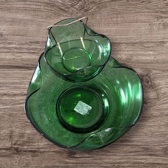 MCM 1970's Anchor Hocking Avocado Green Glass Chip and Dip Bowls with Holder - Picture 4 of 4